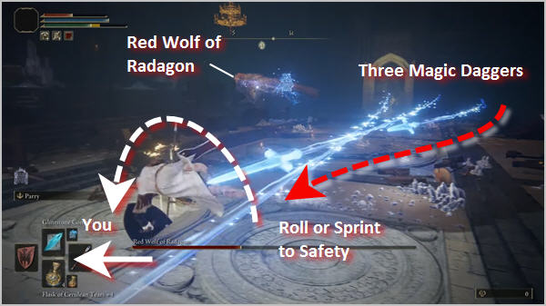If there is some distance between you and Red Wolf, it will cast a spell to hurl magic daggers at you.