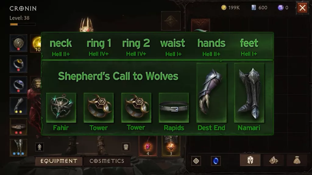 Gear: Shepherd's Call to Wolves set (including jewellery), Diablo Immortal, Necromancer