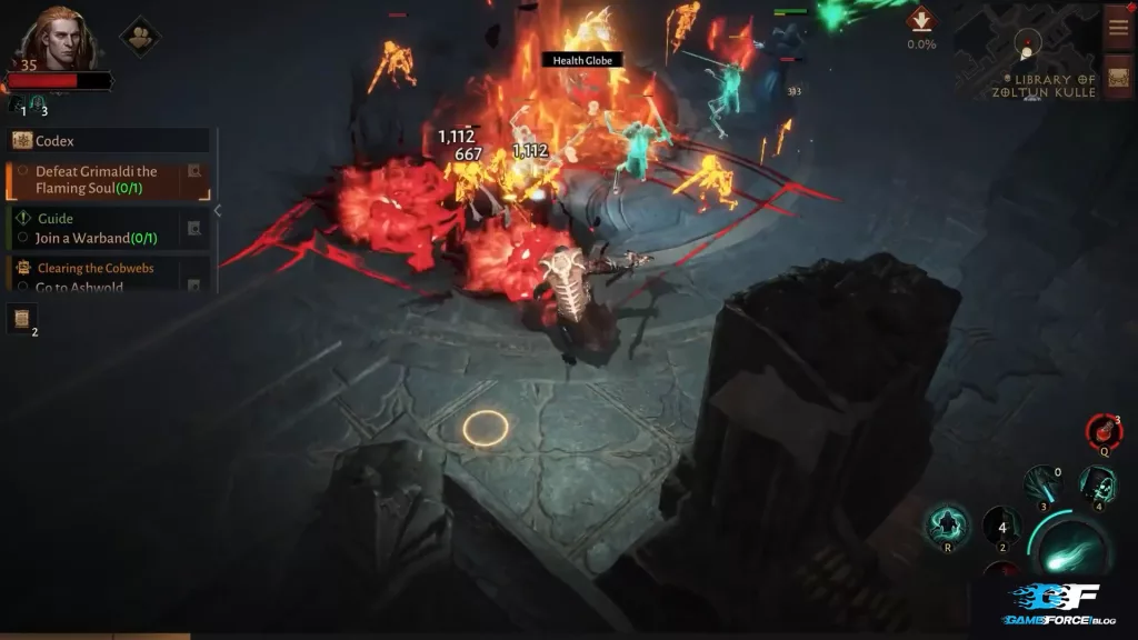 Diablo Immortal's Grimaldi can summon several fireballs from the sky that drop down on top of you.