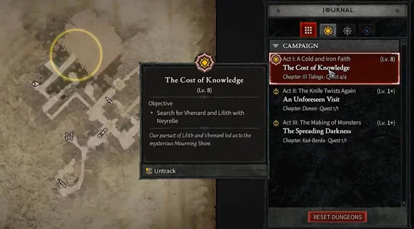 The Cost of Knowledge's main story quest in Act 1, in Diablo 4
