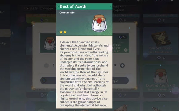 Purchase Dust of Azoth to convert Gemstones, Chunks, Fragments, and Slivers into your element of choice.