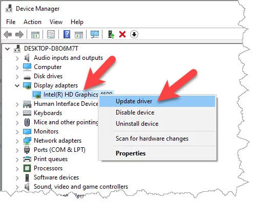 Right-click on the name of your graphics card and select Update driver.